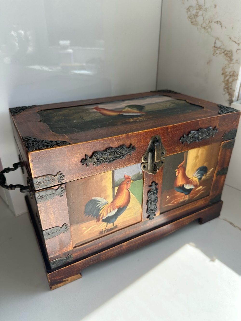 Rustic Rooster Wooden Storage Chest Farmhouse Decor Trunk Keepsake Box
